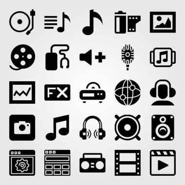 Çoklu ortam simgesini vektör ayarlayın. birim, tarayıcı, mikrofon ve çalma listesi