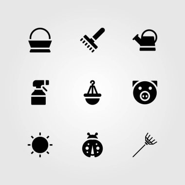 Bahçe vektör Icon set. sulama olabilir, güneş, can ve uğur böceği