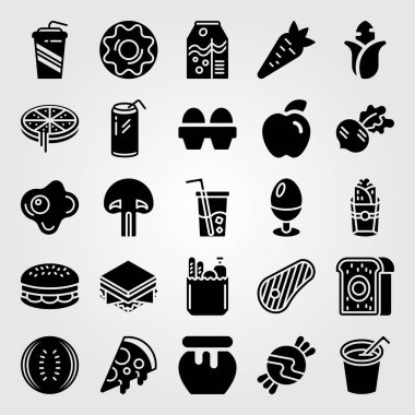 Food And Drinks icon set vector. egg, steak, burito and apple clipart