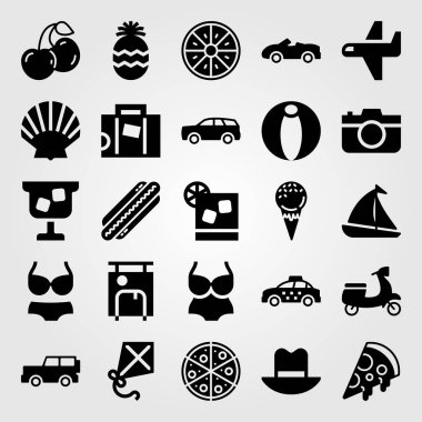 Yaz aylarında vektör Icon set. plaj topu, şapka, fotoğraf kamera ve spor araba