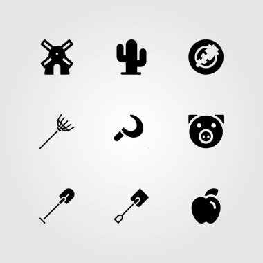 Bahçe vektör Icon set. kürek, kaktüs, orak ve yel değirmeni