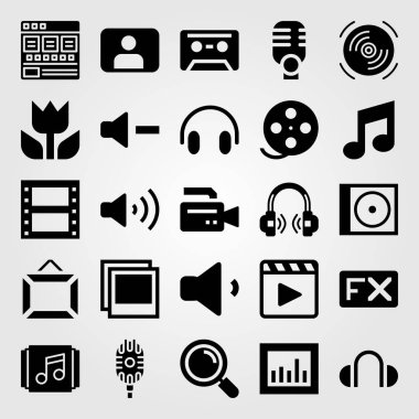 Çoklu ortam simgesini vektör ayarlayın. filmi oynatın, mikrofon, film oynatıcı ve çalma listesi