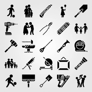 Araçlar simgesi vektör ayarlayın. Anne, Bebek, top ve kürek