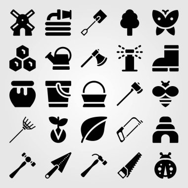 Bahçe simge vektör ayarlayın. Arı, mala, uğur böceği ve yel değirmeni