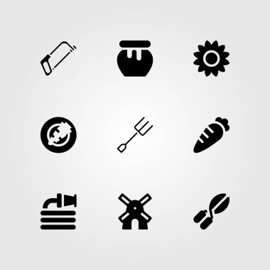Bahçe vektör Icon set. havuç, yel değirmeni, el testeresi ve hortum