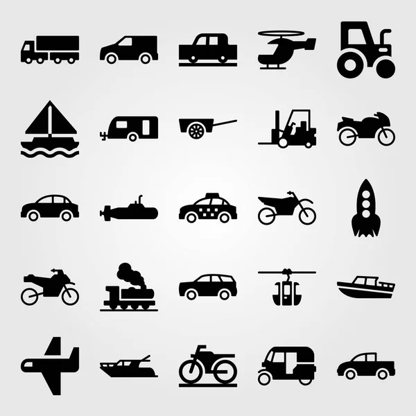 Közlekedési vector icon set. lakókocsi, motorkerékpár, tuk-tuk és Yacht — Stock Vector