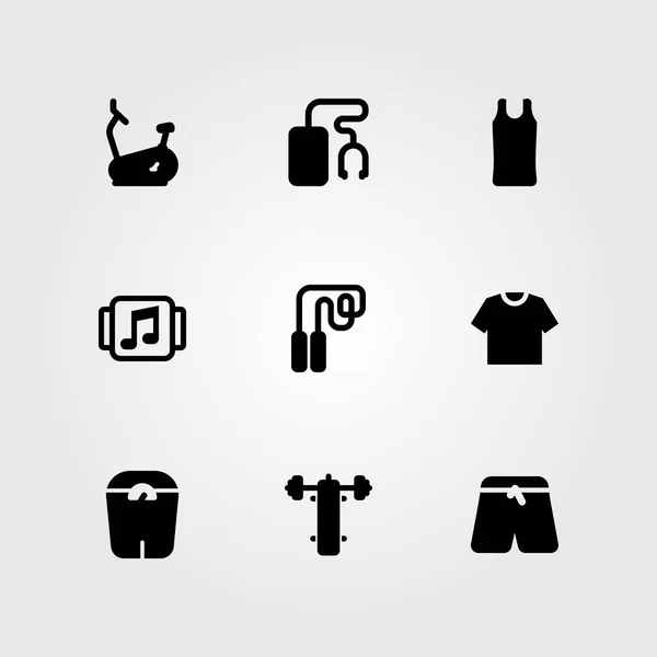 Набор иконок фитнес-вектора. стационарный велосипед, пресса для скамеек, весы и пропуска — стоковый вектор
