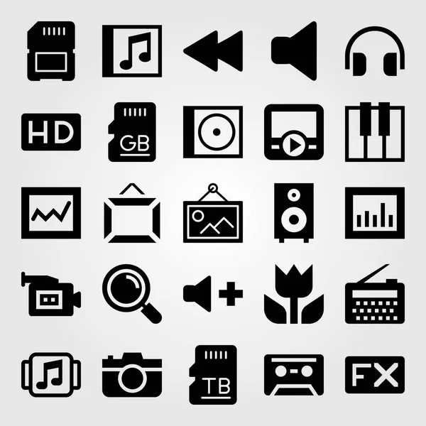 Multimédia, vektor, ikon készlet. Nagyító, zenelejátszó, fényképezőgép és hangszóró — Stock Vector
