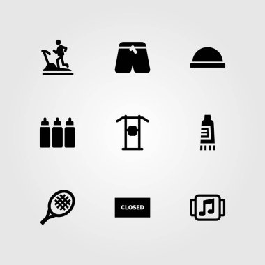 Fitness vektör Icon set. krema, spor pantolon, yukarı çek ve top