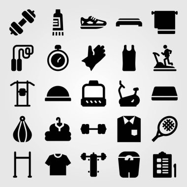 Fitness vektör Icon set. Bench press, Chronometre, bosu topu ve ölçek