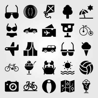 Yaz aylarında vektör Icon set. Güneş, uçurtma, voleybol ve dondurma