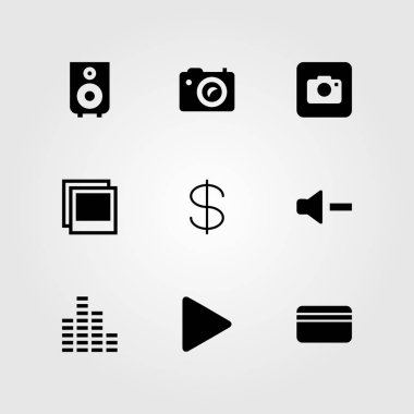 Düğmeleri Icon set vektör. hoparlör, fotoğraf, dolar ve ses çubukları