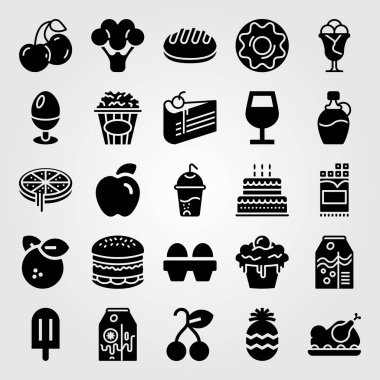 Yiyecek ve içecekler Icon set vektör. çikolata, pizza, yumurta ve patlamış mısır