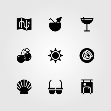 Yaz aylarında vektör Icon set. Pizza, kiraz, güneş ve bavul