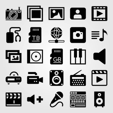 Multimedya vektör Icon set. çalma listesi, web, mikrofon ve ses