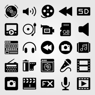 Çoklu ortam simgesini vektör ayarlayın. birim, tarayıcı, film rulo ve Klaket