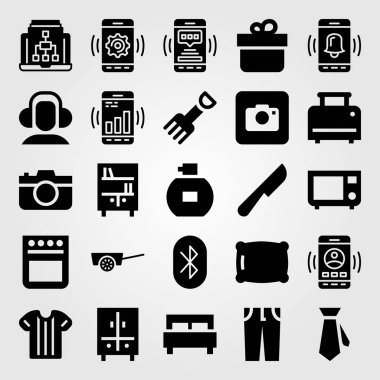 Alışveriş vektör Icon set. Smartphone, dolap, kulaklık ve yastık