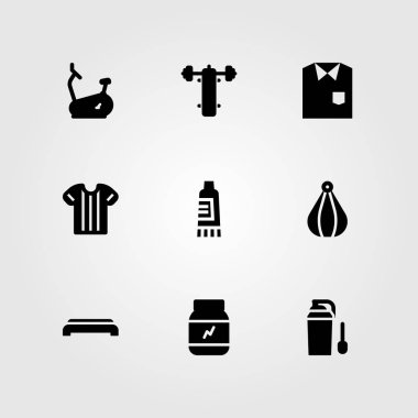 Fitness vektör Icon set. spor salonuna adım, sabit bisiklet, boks ve spor gömlek