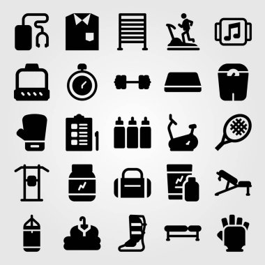 Fitness vektör Icon set. Spor Bar, bez, sabit Bisiklet ve Boks eldiveni