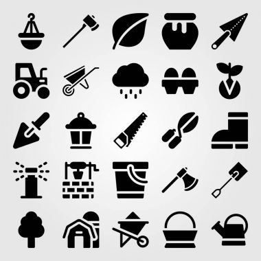 Bahçe simge vektör ayarlayın. yumurta, lamba, sepet ve serpin