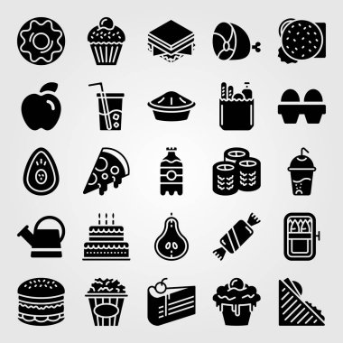 Yiyecek ve içecekler simge vektör ayarlayın. kek, sandviç, içki ve can