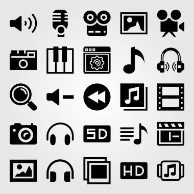 Multimedya vektör Icon set. filmi oynatın, mikrofon, ses ve kulaklık