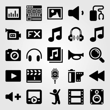 Çoklu ortam simgesini vektör ayarlayın. tarayıcı, kulaklık, adam ve geri sarma