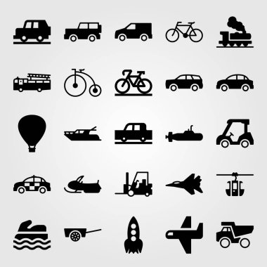 Ulaşım vektör Icon set. Teleferik kabin, sıcak hava balonu, van ve golf