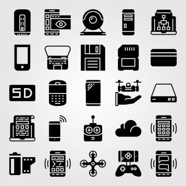 Teknoloji vektör Icon set. oyun kumandası, doskette, telefon ve kredi kartı