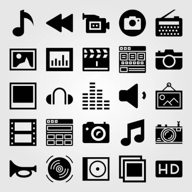 Multimedya vektör Icon set. Fotoğraf, Klaket, trompet ve radyo
