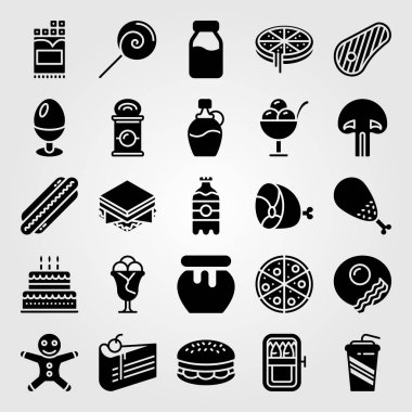 Yiyecek ve içecekler simge vektör ayarlayın. biftek, pasta, zencefil ekmek adam ve çocuk oyuncağı