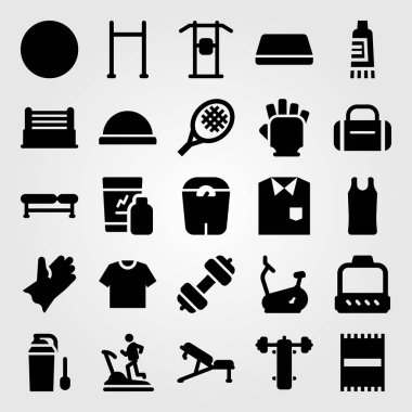 Fitness vektör Icon set. eldiven, yukarı çek, plaj havlusu ve çekme kadar bar