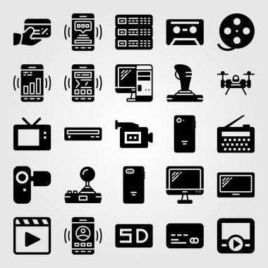 Teknoloji simge vektör ayarlayın. SD kartı, tv, manevra kolu ve kaset