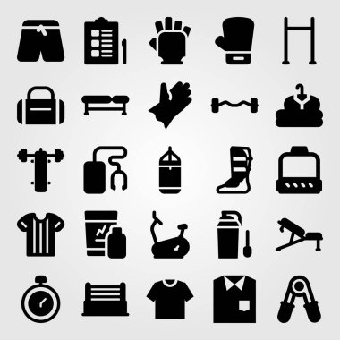 Fitness vektör Icon set. Bench press, bar, yüzük ve bir spor salonu eldiven pull