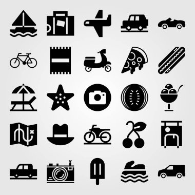 Yaz aylarında vektör Icon set. Deniz yıldızı, plaj havlusu, deniz scooter ve kamyon