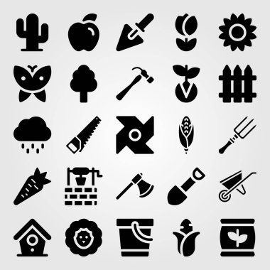 Bahçe simge vektör ayarlayın. şey, kuş evi, mala ve yağmur