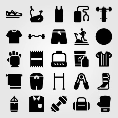 Fitness vektör Icon set. blok, top, pazı dumbbell ve çekme kadar bar