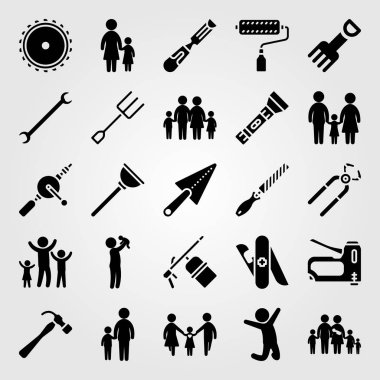 Araçlar simgesi vektör ayarlayın. Kız, zımba tabancası, anne ve pense