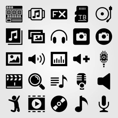 Çoklu ortam simgesini vektör ayarlayın. Büyüteç, müzik çalar, quaver ve çalma listesi