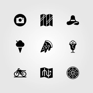 Yaz aylarında vektör Icon set. harita, motosiklet, pizza ve fotoğraf kamera