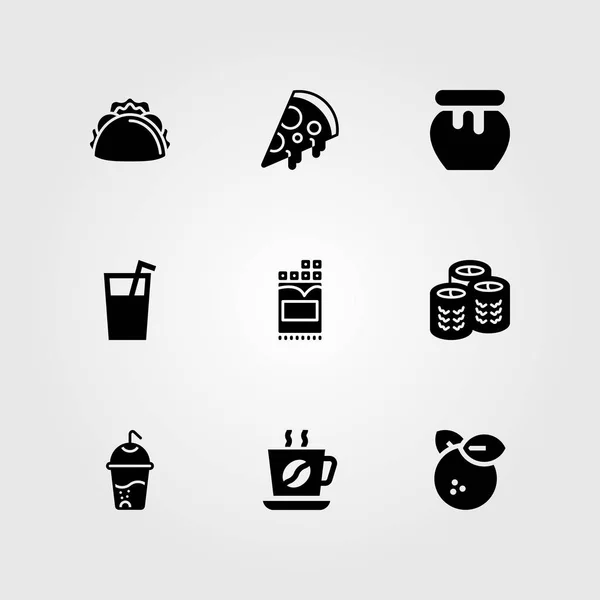Набор векторных значков еды и напитков. безалкогольный напиток, кофе, апельсин и мед — стоковый вектор