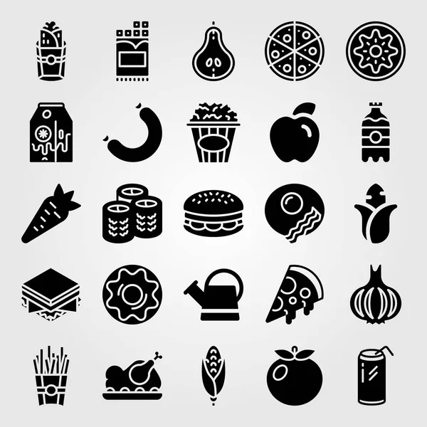 Vetor de conjunto de ícones de comida e bebidas. frango assado, kiwi, sishi e sanduíche — Vetor de Stock