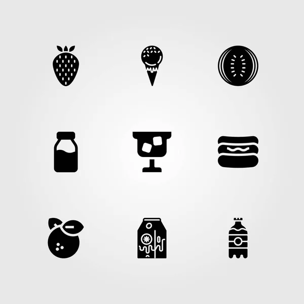 Essen und Getränke Vektor Icon Set. Wassermelone, Getränk, Milchflasche und Milch — Stockvektor