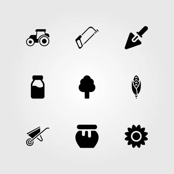 Zahradní vektor sadu ikon. Slunečnice, traktor, med a strom — Stockový vektor