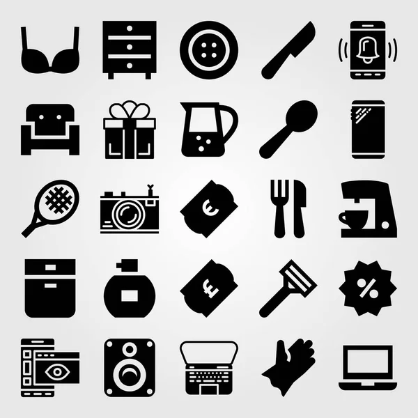 Winkelen vector icon set. Bra, knop, laptop en oven — Stockvector