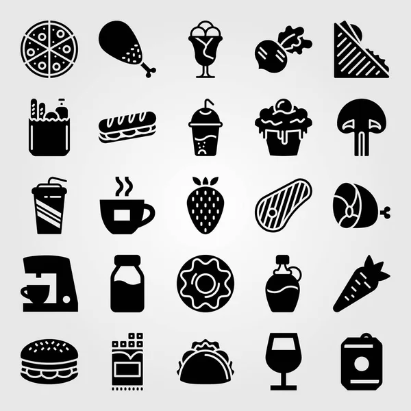 Conjunto de ícones vetoriais Food And Drinks. xícara de café, sanduíche, copo de vinho e pizza —  Vetores de Stock
