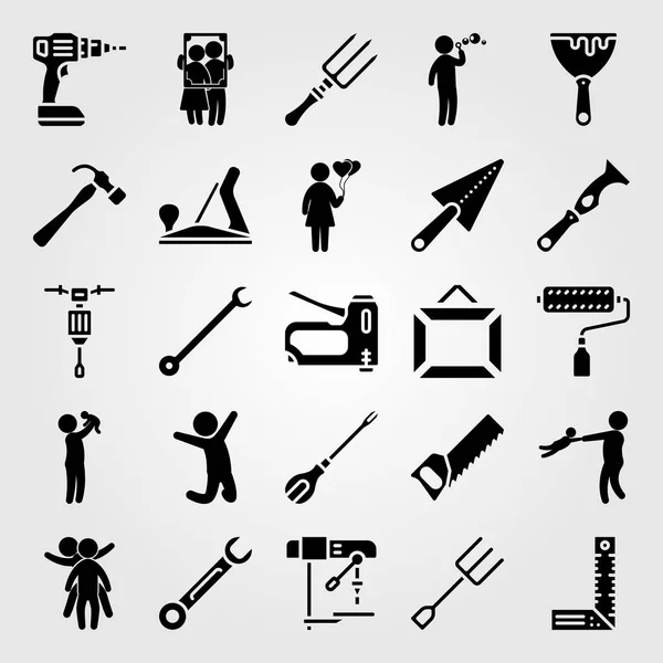 Tools icon set vector. paint roller, wood plane, hammer and drill — Stock Vector
