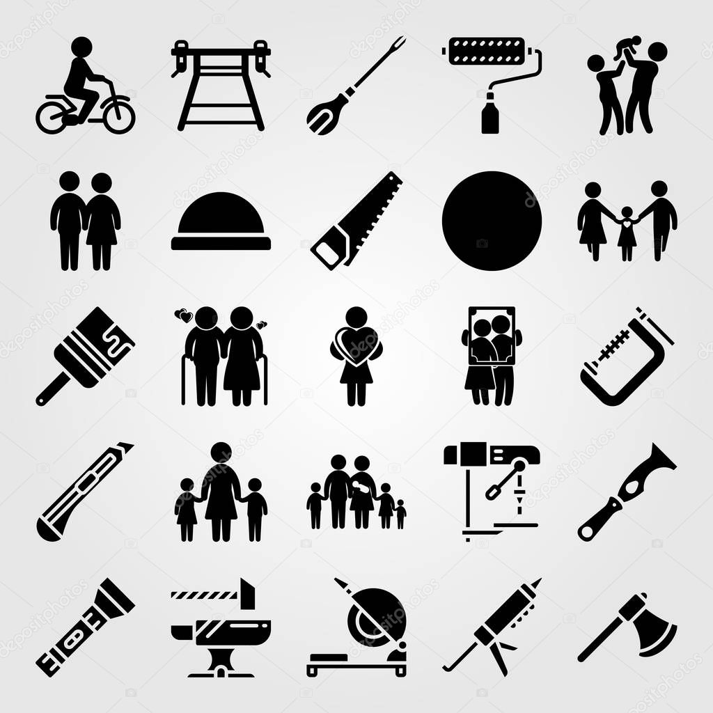Tools icon set vector. handsaw, frame, old woman and family
