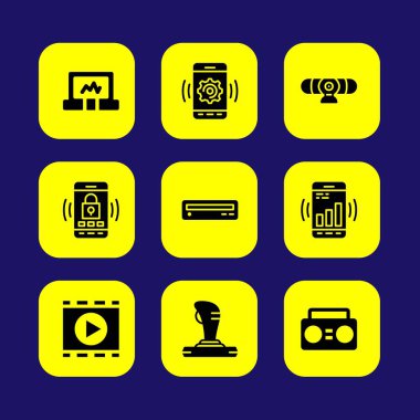 Teknoloji vektör Icon set. DVD oynatıcı, dizüstü bilgisayar, akıllı telefon ve oyun çubuğu