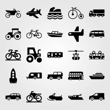 Ulaşım vektör Icon set. Uçak, karavan, spor Bisiklet ve motosiklet